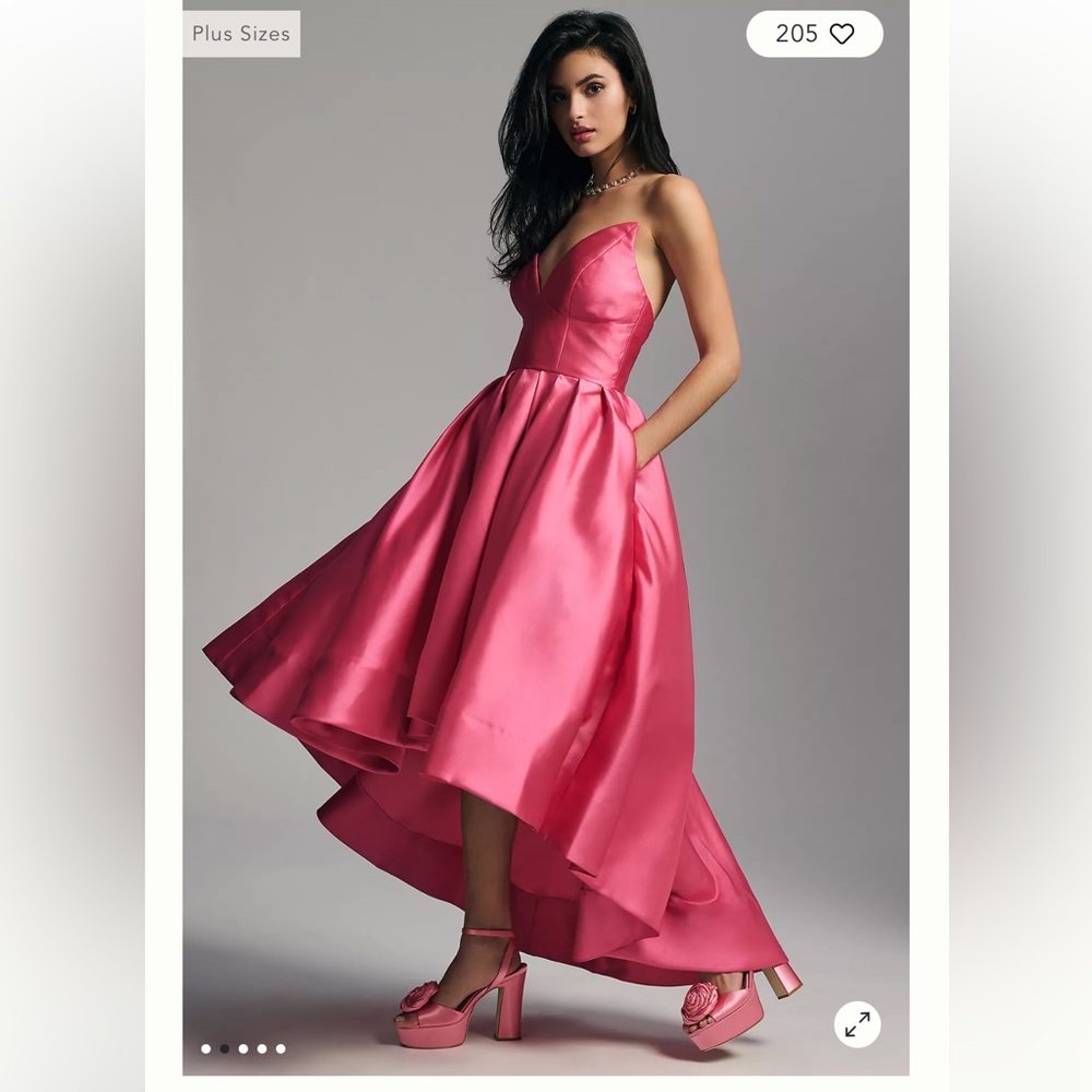 Hutch Sabrina strapless V- neck pleated high low gown pockets pink party prom 4